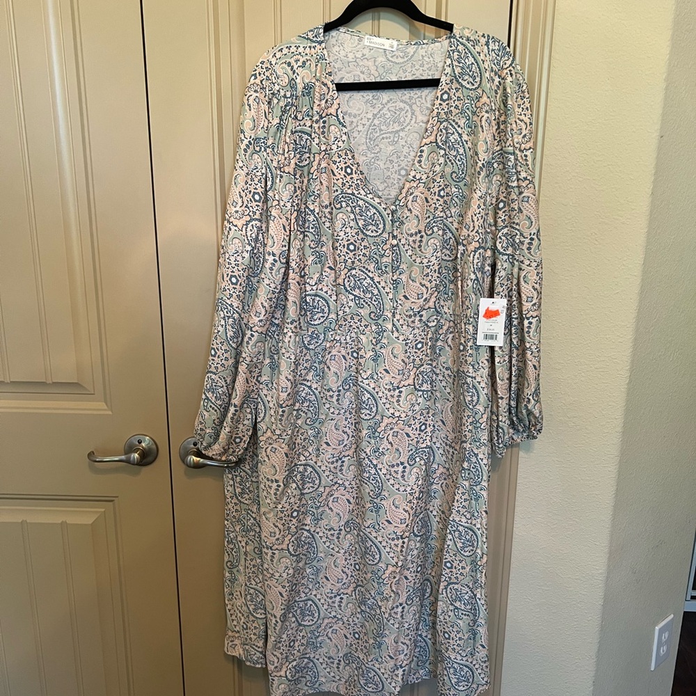 NWT 89th & Madison Blue and Pink V-Neck Bishop Sleeve Sundress